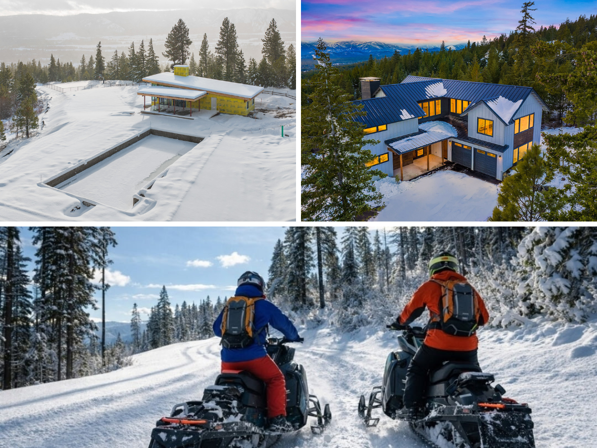 the lodge under construction covered in snow with a blue home covered in snow and two snowmobilers
